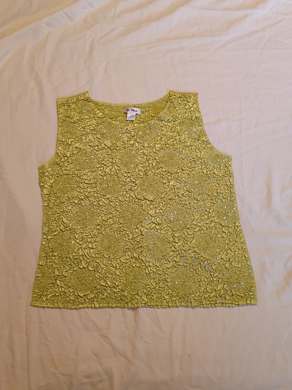 EUC Textured Lime Green Sleeveless Tank Top Crystal Sequins Shimmer